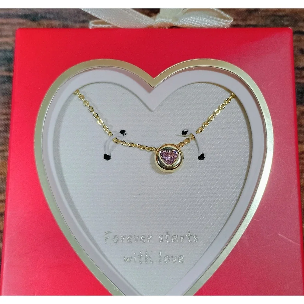 A New Day 14k Gold Dipped Pink Heart Cubic Zirconia Necklace 16-19 Inch NIB